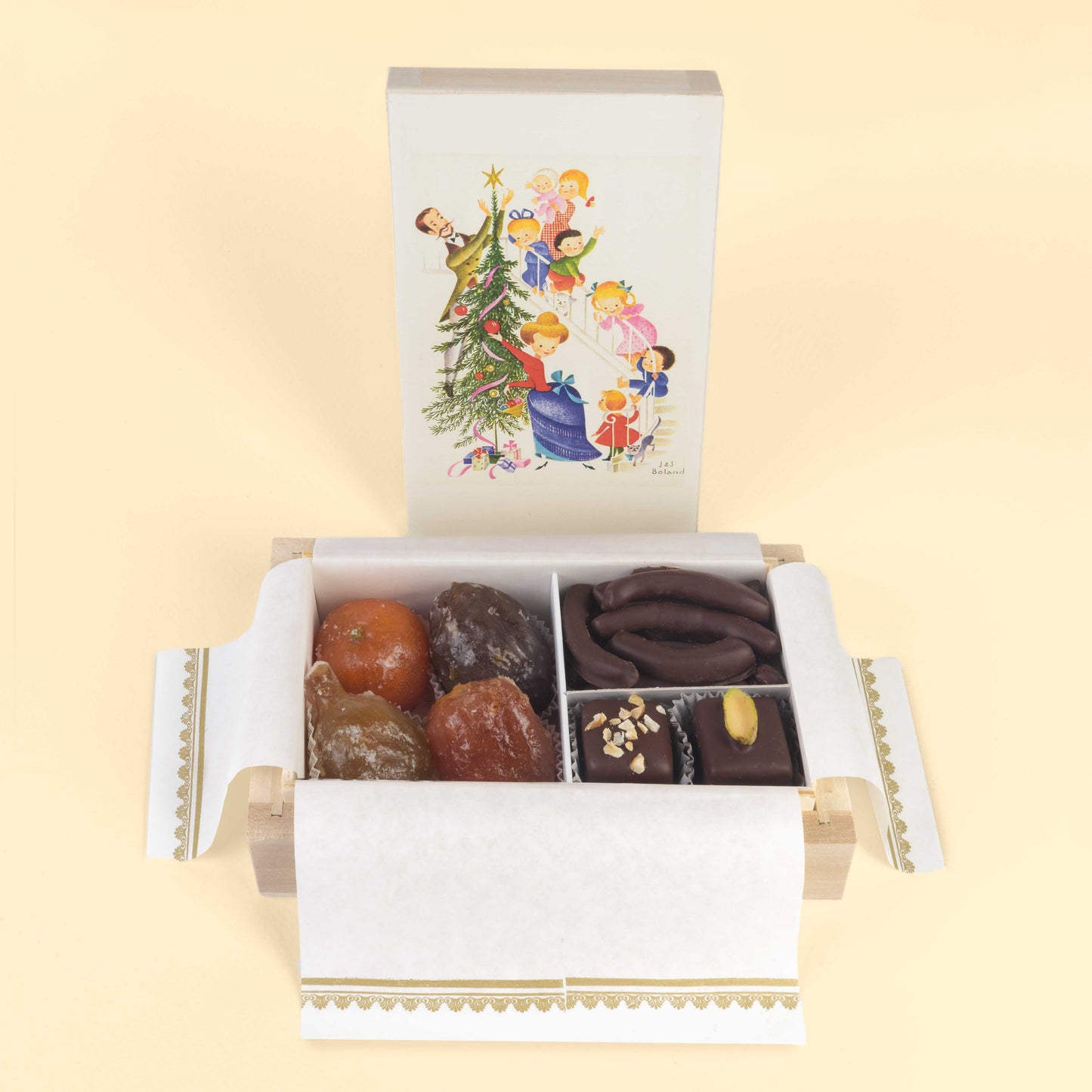 Scrigno di Natale in legno con frutta candita, taglietti e cioccolatini pistacchio e nocciola